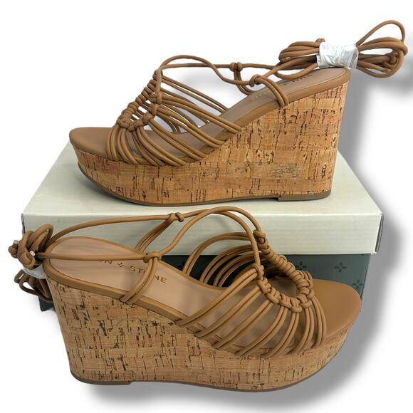 NEW Sun + Stone Strappy Lace Up Wedge Sandals Size 7 Brown Ankle Wrap Cork Heels - Picture 3 of 12